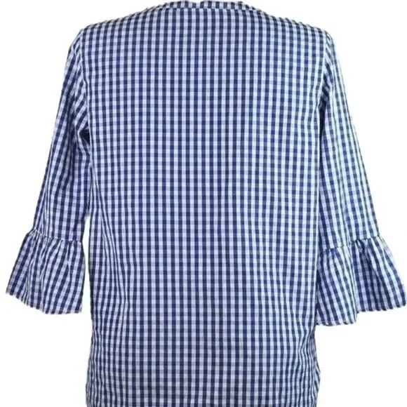 Avon Signature Collection Blue White Gingham Plaid Floral Embroidered V Neck S - Picture 8 of 11